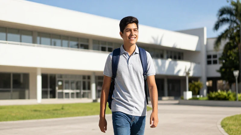 Joven estudiante mexicano en campus universitario soleado