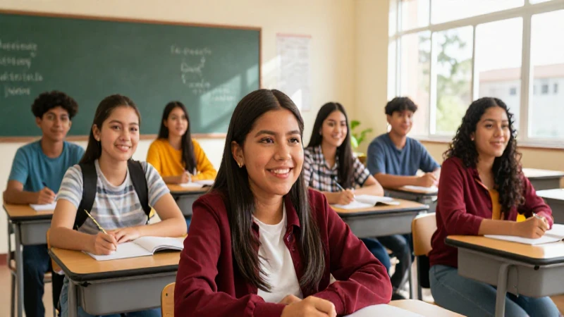 Estudiantes mexicanos sonrientes en aula moderna