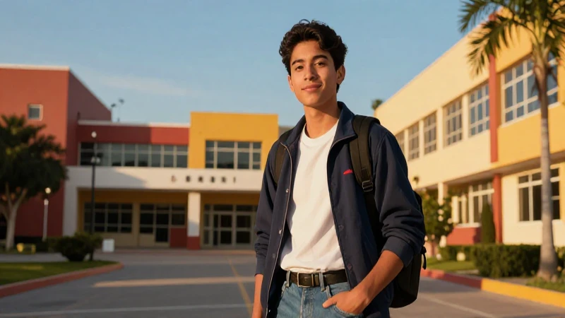 Estudiante mexicano ambicioso en campus vibrante