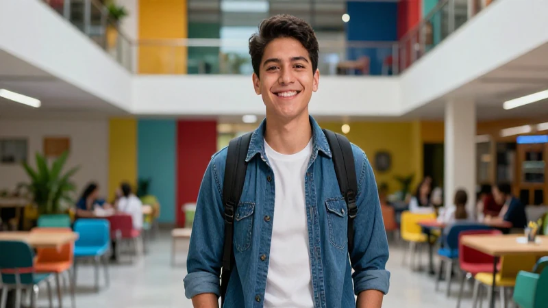Estudiante mexicano feliz en campus moderno