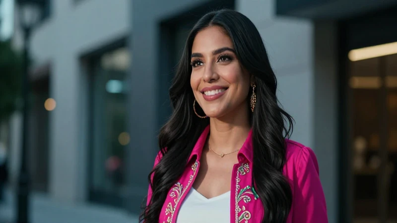 Mujer mexicana vibrante sonriendo en ambiente urbano
