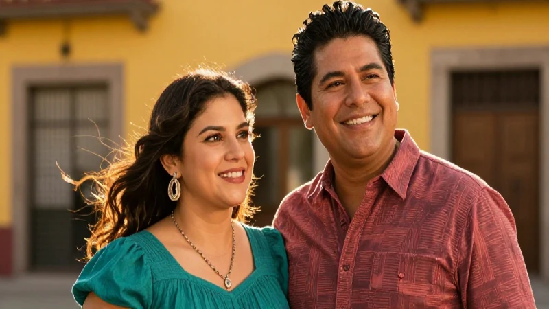 Pareja mexicana diversa, sonriendo, con iluminación dorada