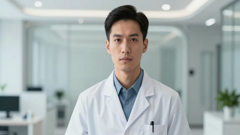 Médico atractivo en uniforme blanco con expresión determinada