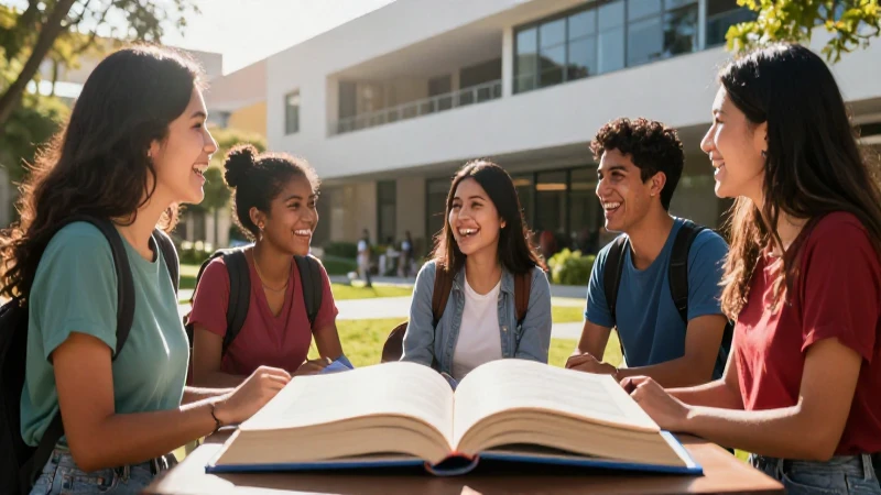 Estudiantes mexicanos sonríen en campus vibrante