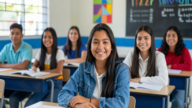 Estudiantes mexicanos felices en aula moderna y vibrante