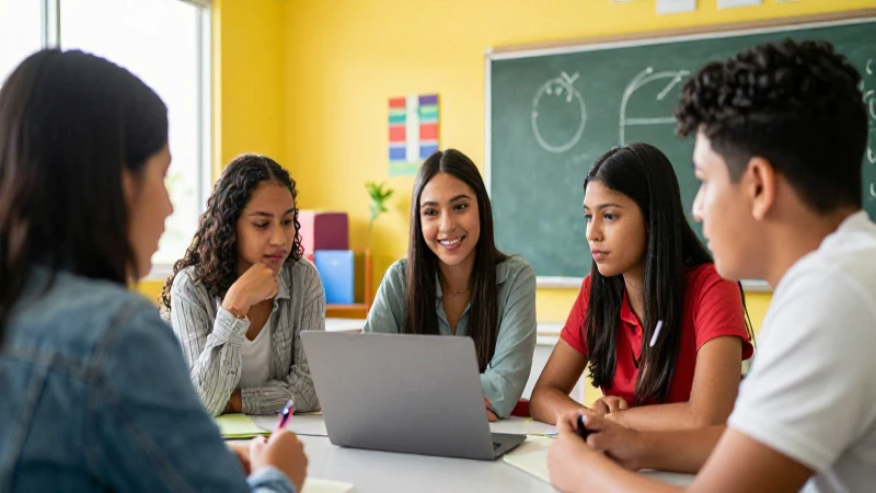 Estudiantes mexicanos colaboran en un aula moderna y vibrante