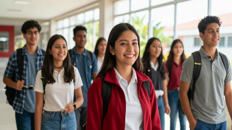 Estudiantes mexicanos felices en campus moderno