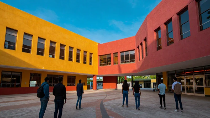 Estudiantes mexicanos en campus arquitectónico moderno