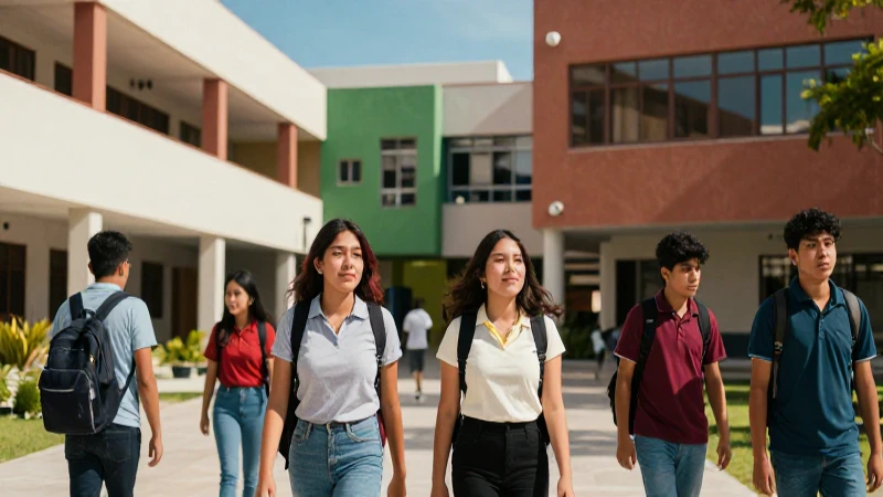 Campus moderno de estudiantes mexicanos, estética vibrante