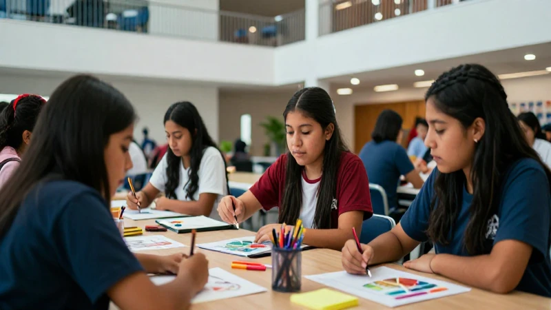 Estudiantes mexicanos creativos en campus modernizado