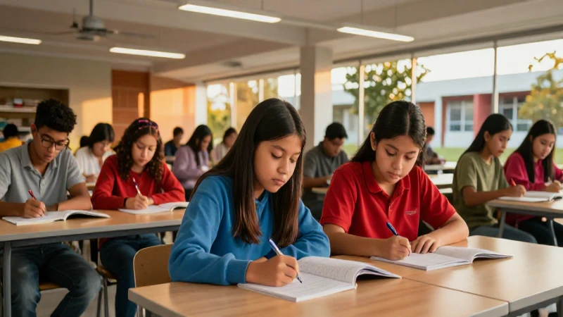 Estudiantes en campus moderno al atardecer
