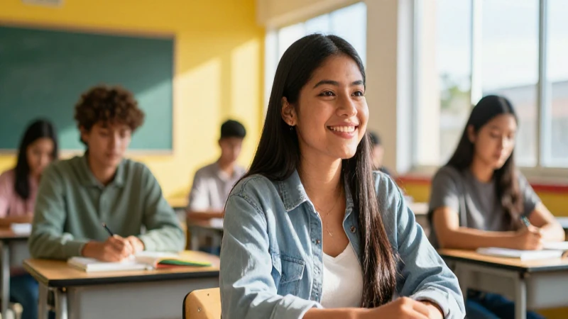 Estudiante mexicana feliz en clase moderna y luminosa