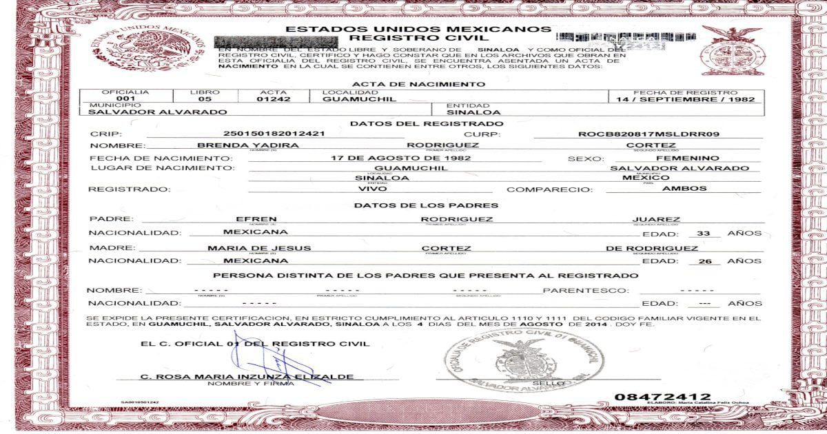 Información en un acta de nacimiento: nombre, fecha y lugar de nacimiento, padres, género
