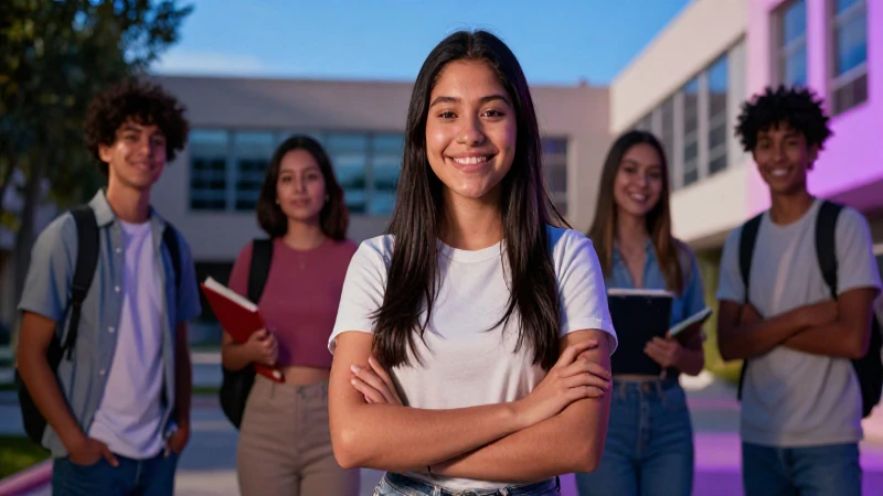 Estudiante mexicano exitoso en moderno campus universitario