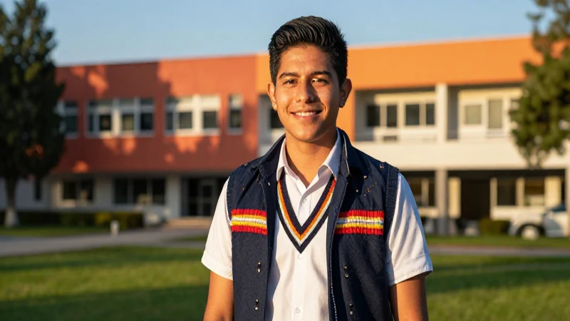 Estudiante mexicano sonriendo en vibrante campus