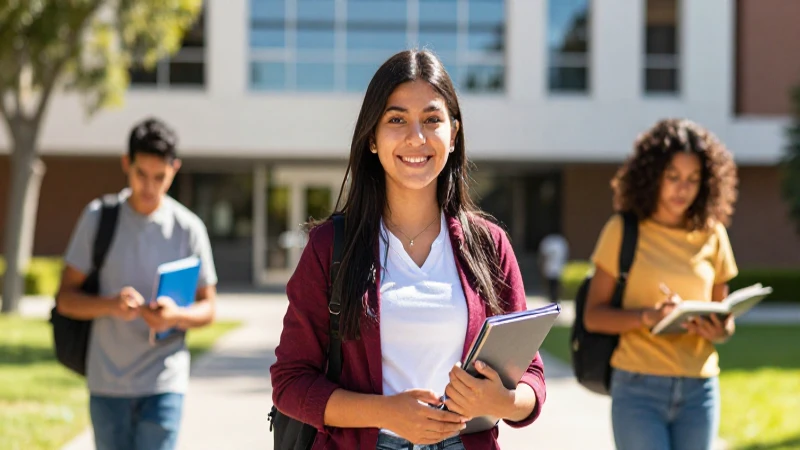 Estudiante mexicana diversa en campus moderno