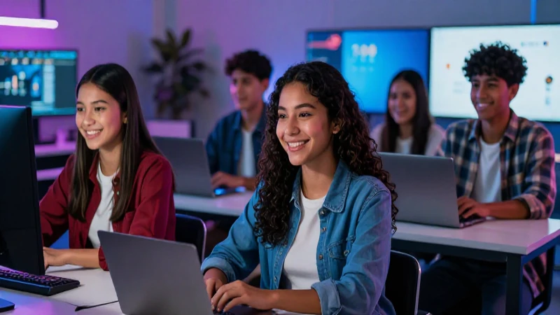 Estudiantes mexicanos sonríen en un entorno digital moderno