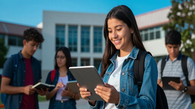 Estudiante mexicano sonriente sostiene una tablet en un campus