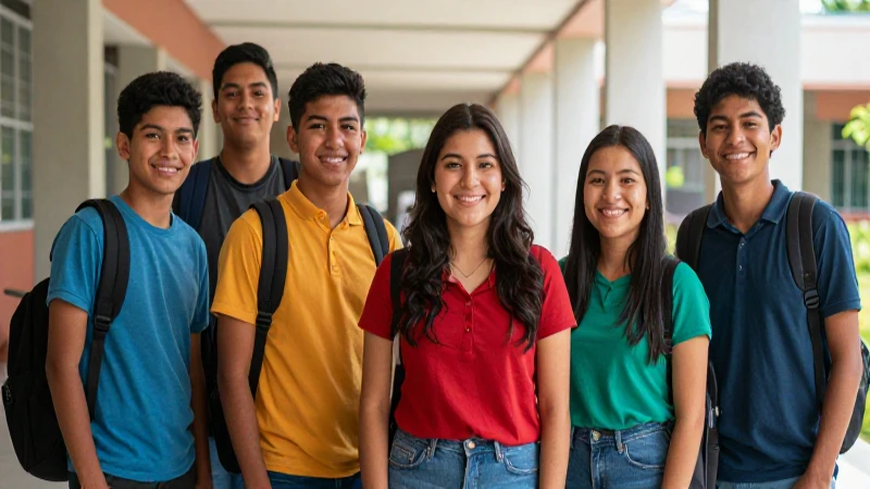 Estudiantes mexicanos sonriendo en pasillo moderno