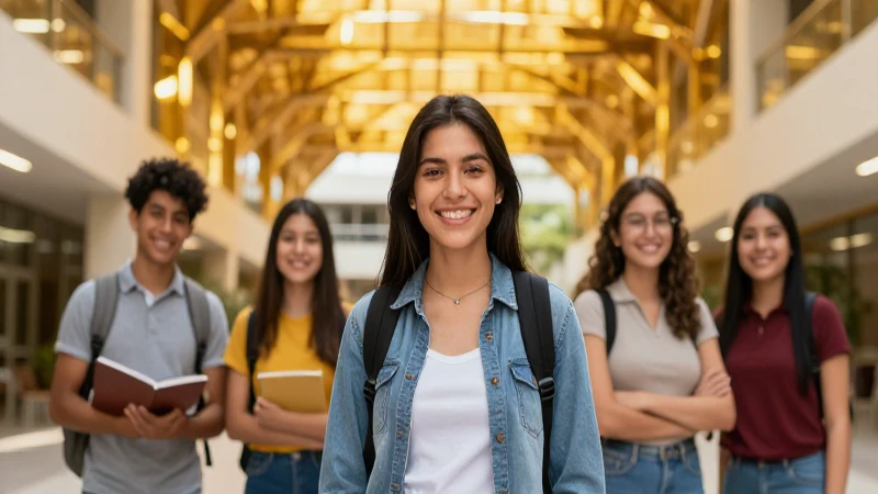 Estudiante sonriente en moderno campus universitario