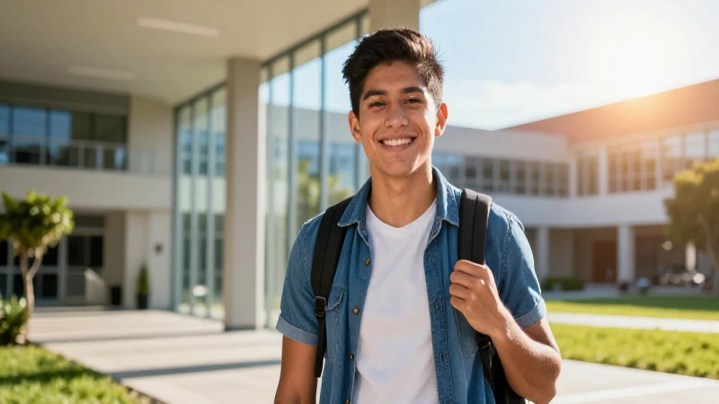 Joven estudiante sonríe en moderno campus universitario