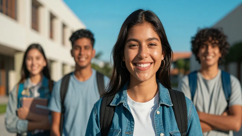 Retrato detallado de estudiante mexicana sonriente en campus