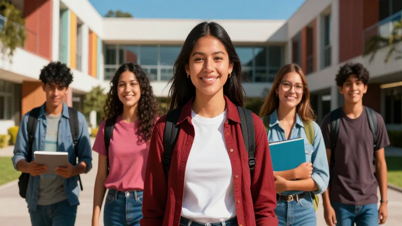 Estudiante sonriente en campus universitario dinámico