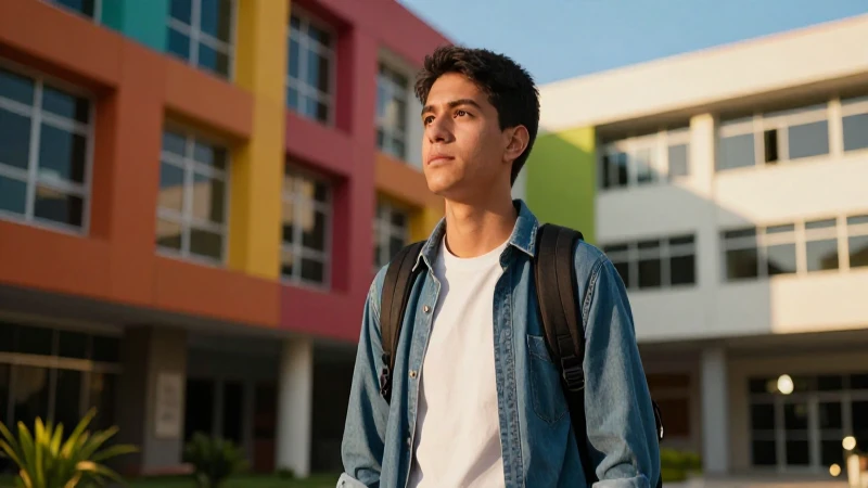 Estudiante mexicano moderno en un campus vibrante al atardecer