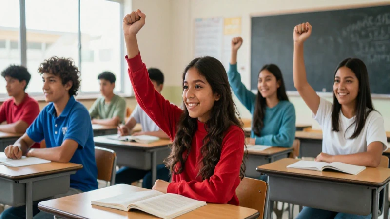 Estudiantes mexicanos celebrando éxito en aula moderna