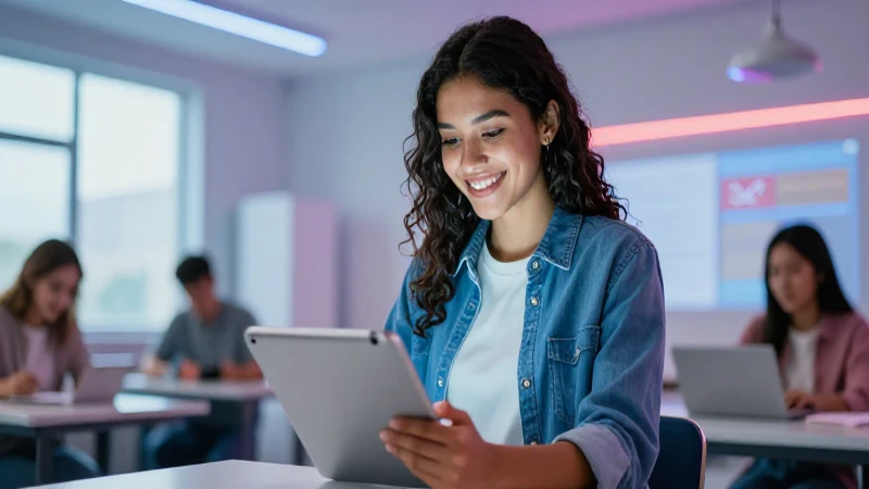 Estudiante sonriente usa tablet para éxito académico