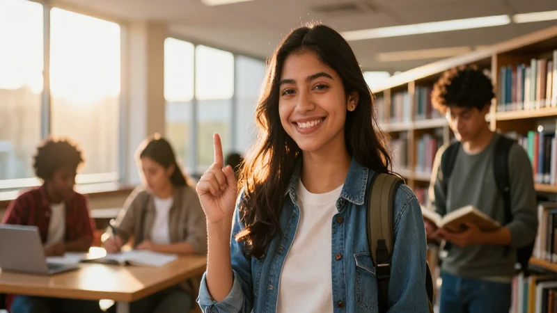 Estudiante mexicano sonriente en biblioteca con luz dorada