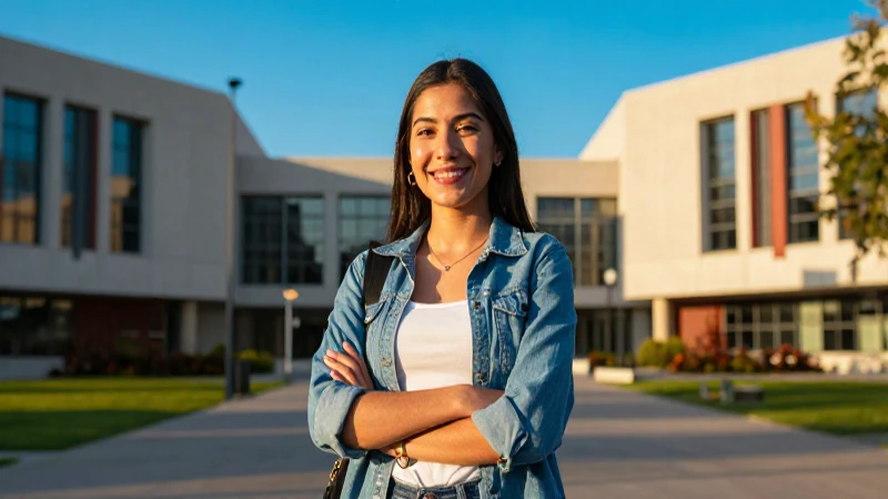 Estudiante mexicana sonríe en campus iluminado al atardecer