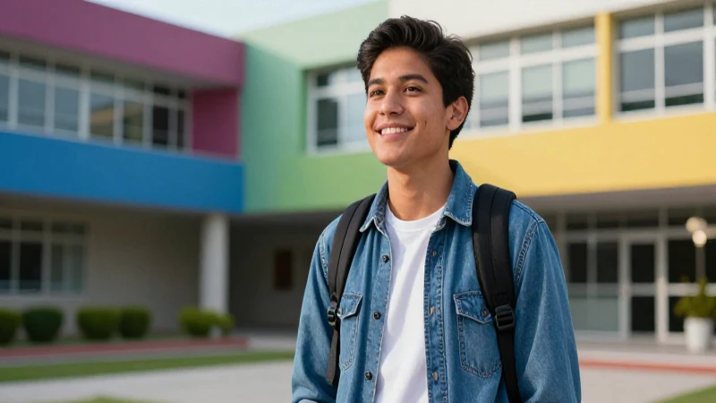 Joven mexicano optimista en moderno campus educativo