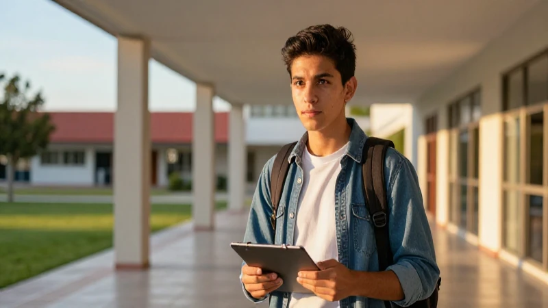 Estudiante mexicano triunfa en campus vibrante al atardecer