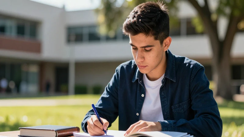 Joven estudiante mexicano estudia en campus universitario
