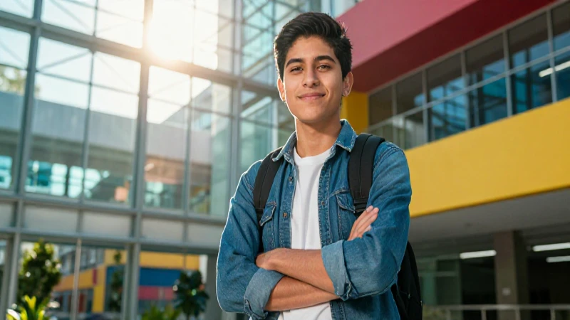 Estudiante mexicano confiado en campus moderno