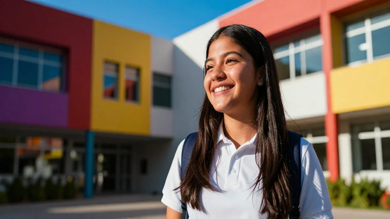 Estudiante mexicana feliz en campus moderno y vibrante