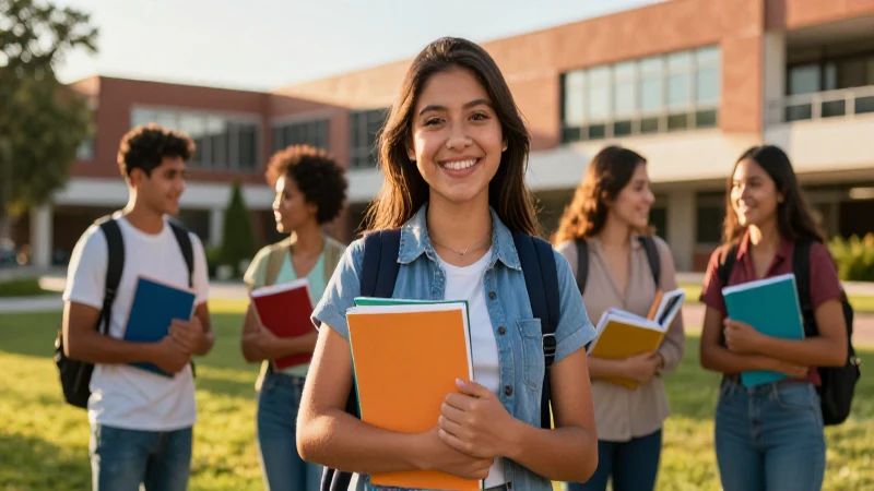 Estudiante sonriente en campus dorado