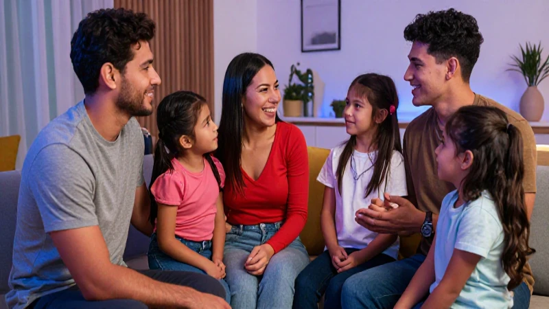 Familia mexicana feliz conversando en su hogar