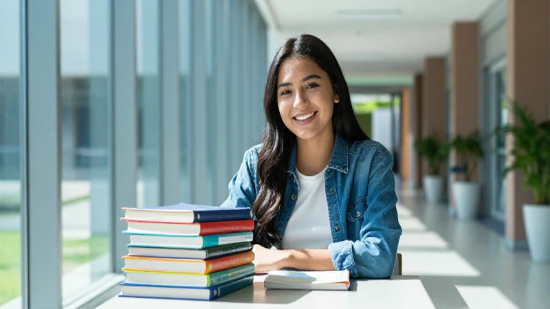 Estudiante sonriente en moderno campus universitario