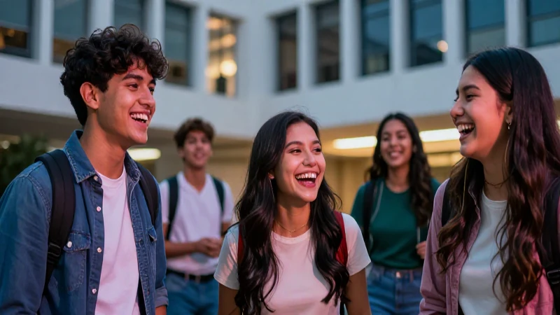 Estudiantes mexicanos riendo en campus moderno