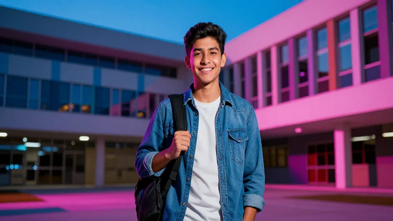 Joven mexicano sonriendo en campus moderno