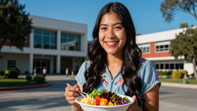 Estudiante sonriente y comida saludable en campus