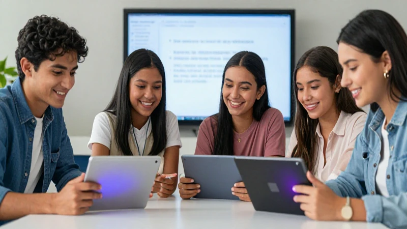 Estudiantes mexicanos modernos usando tabletas en un aula vibrante