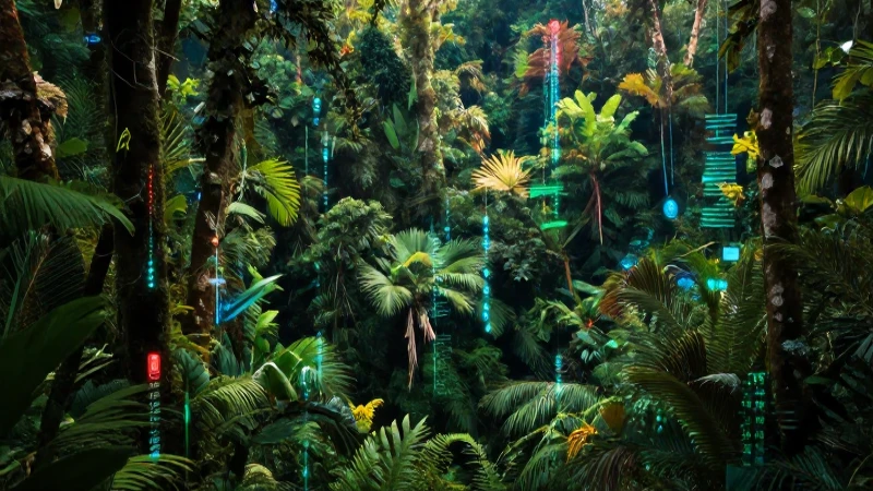 Selva de Chiapas con hologramas futuristas vibrantes