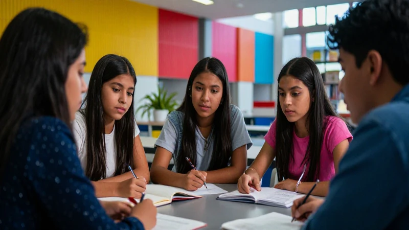 Estudiantes mexicanos diversos en campus moderno