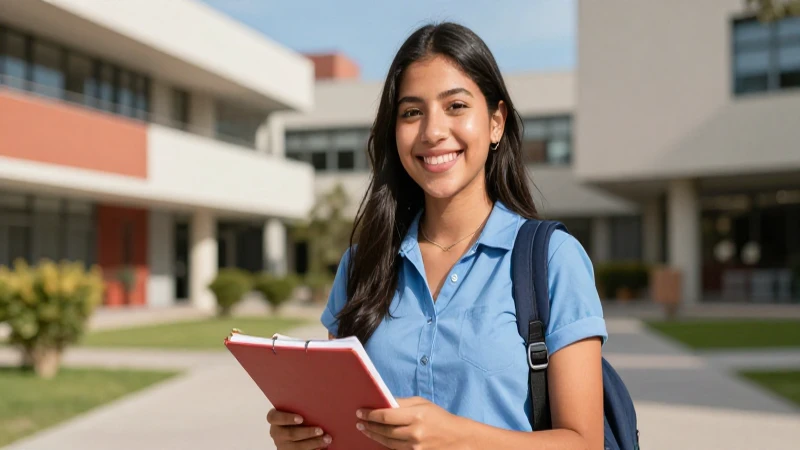 Mexicana sonríe estudiando en campus moderno