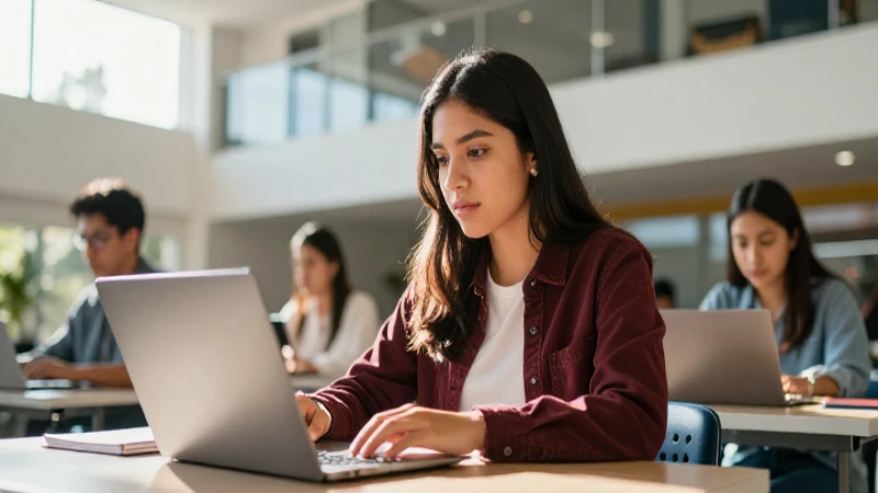 Estudiante mexicano concentrado en campus moderno