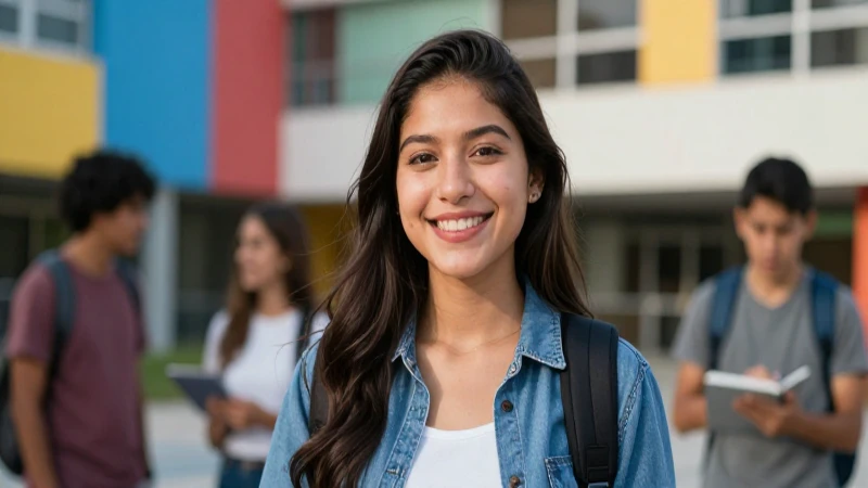 Joven mexicano sonriente en campus moderno