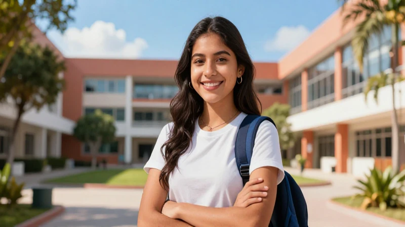 Ilustración de estudiante mexicano sonriente en campus moderno